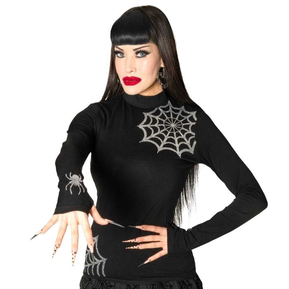 Spiderweb Silver Sparkle Long Sleeve Black Top Thumb Holes S-M-L-XL-2XL-3XL - Picture 2 of 4